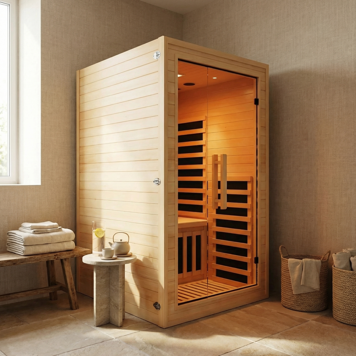 NiceBeam 1-2 person infrared sauna in a bright living room