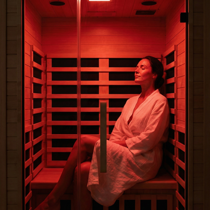 Woman seated in the NiceBeam sauna under the red light panel