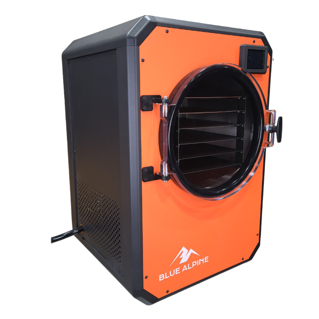 Blue Alpine Medium Elite freeze dryer in orange, angled view