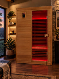 Infrared sauna with red light therapy in a home wellness room
