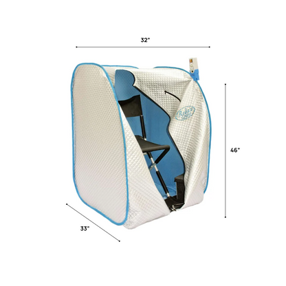 Relax Silver Elite tent sauna open-front view with dimensions