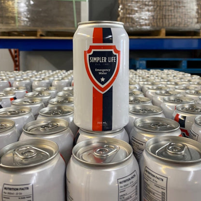 Simpler Life canned drinking water in a warehouse