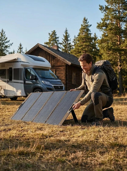 Off-grid lifestyle with portable solar panel setup