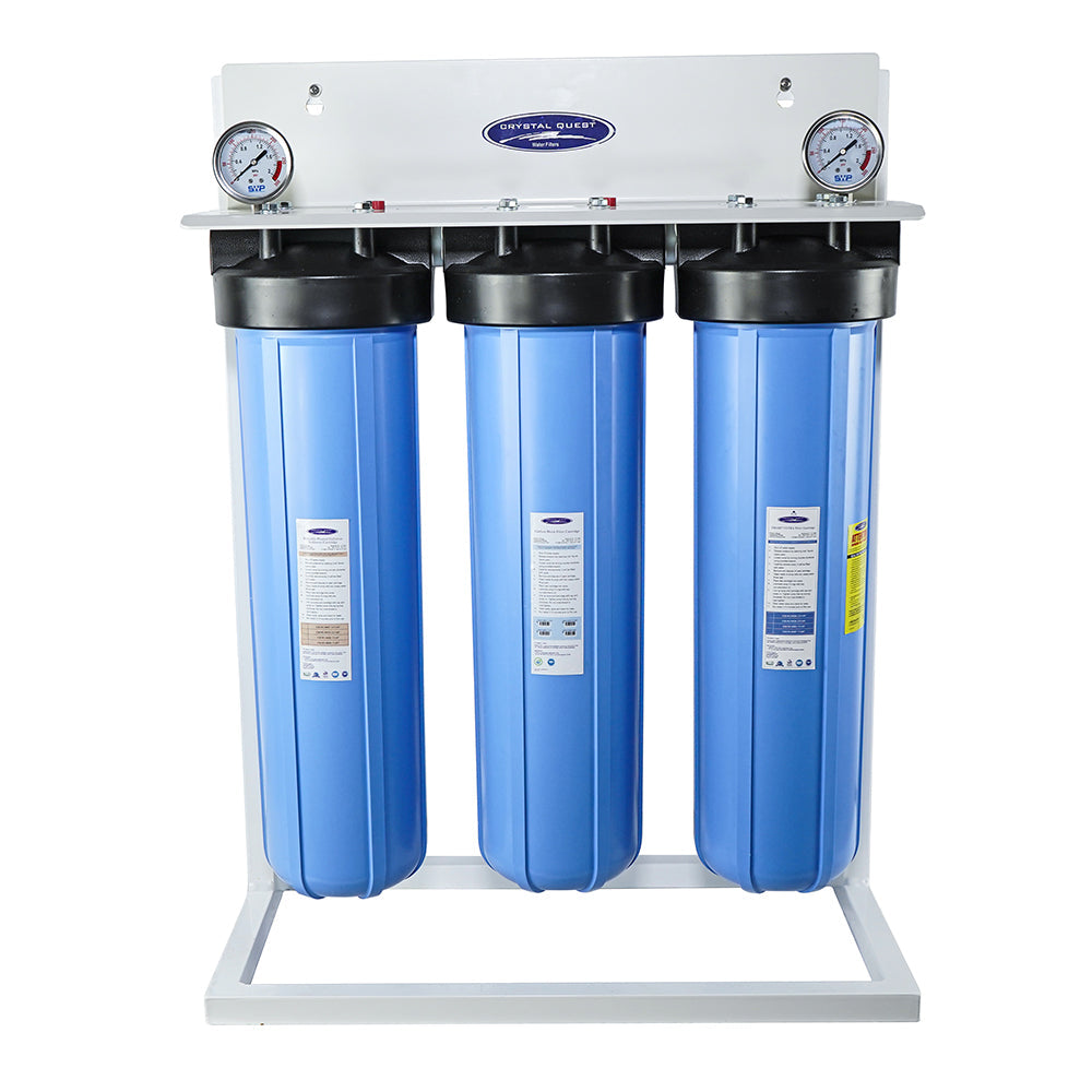 Crystal Quest Big Blue SMART whole house filter, triple housings on stand